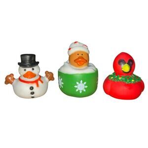 NEW (3) Christmas Snowman Cup of Cocoa Redbird 2" Rubber Ducks Duckies Jeep